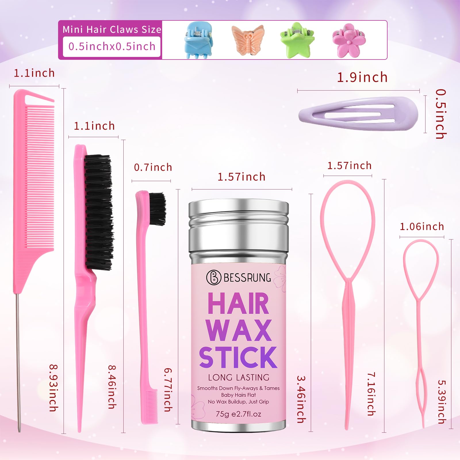 Bessrung edge brush, rat tail comb, and teasing brush for quick styling.