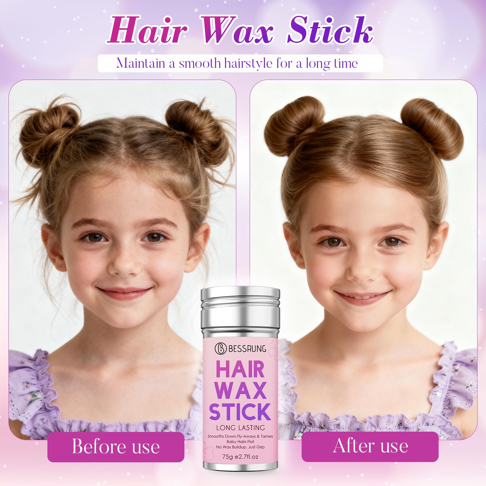 Bessrung hair wax stick for smoothing flyaways with a smooth glide.