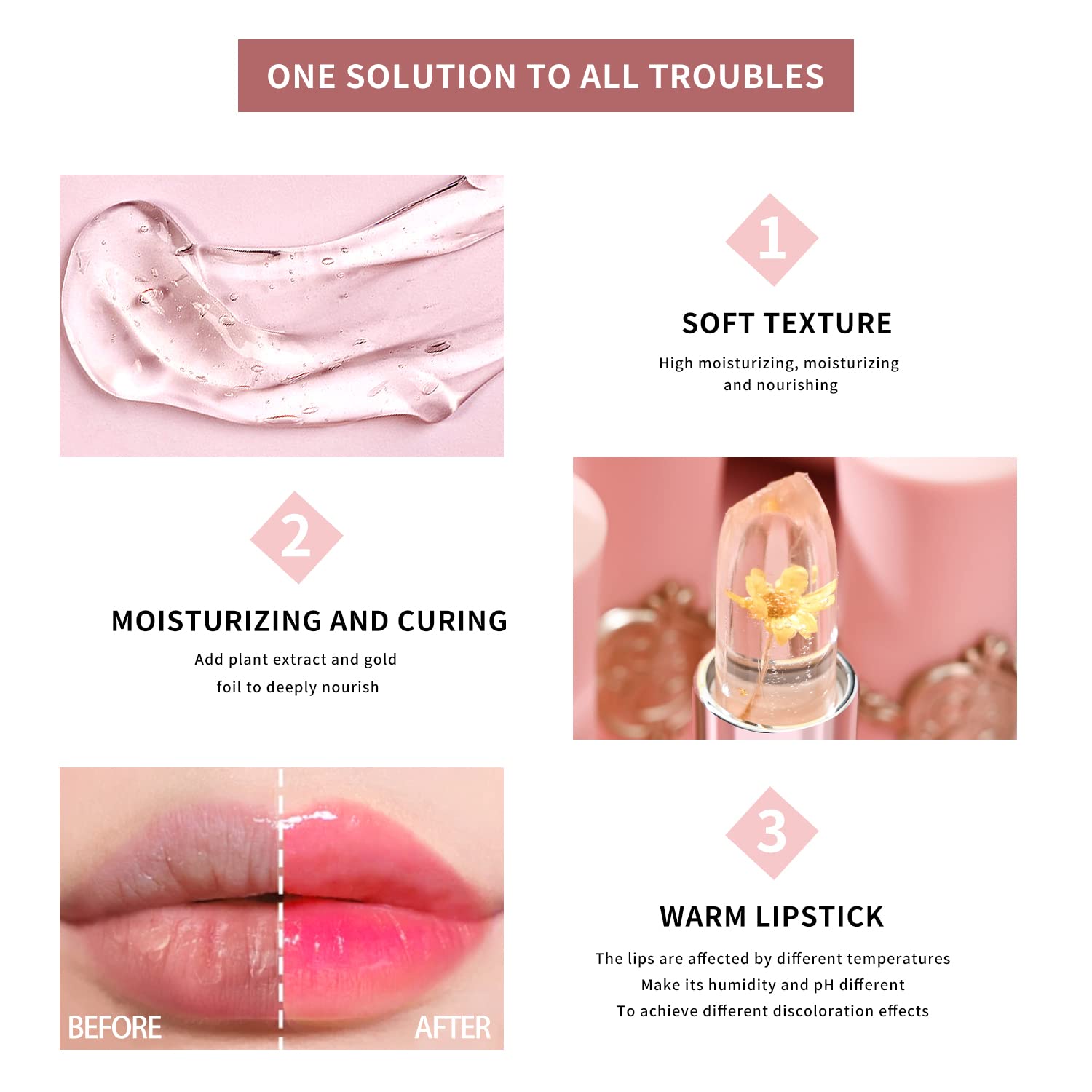 BestLand Temperature-change lip color adapts to lip heat for a personalized shade.