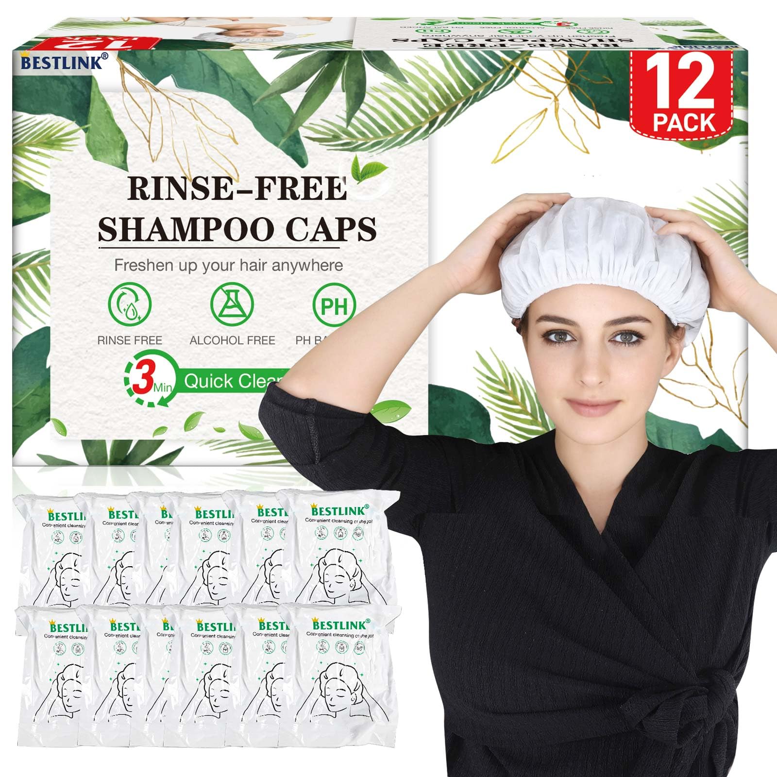 BestLink shampoo caps no rinse pack twelve for quick bedside cleansing.