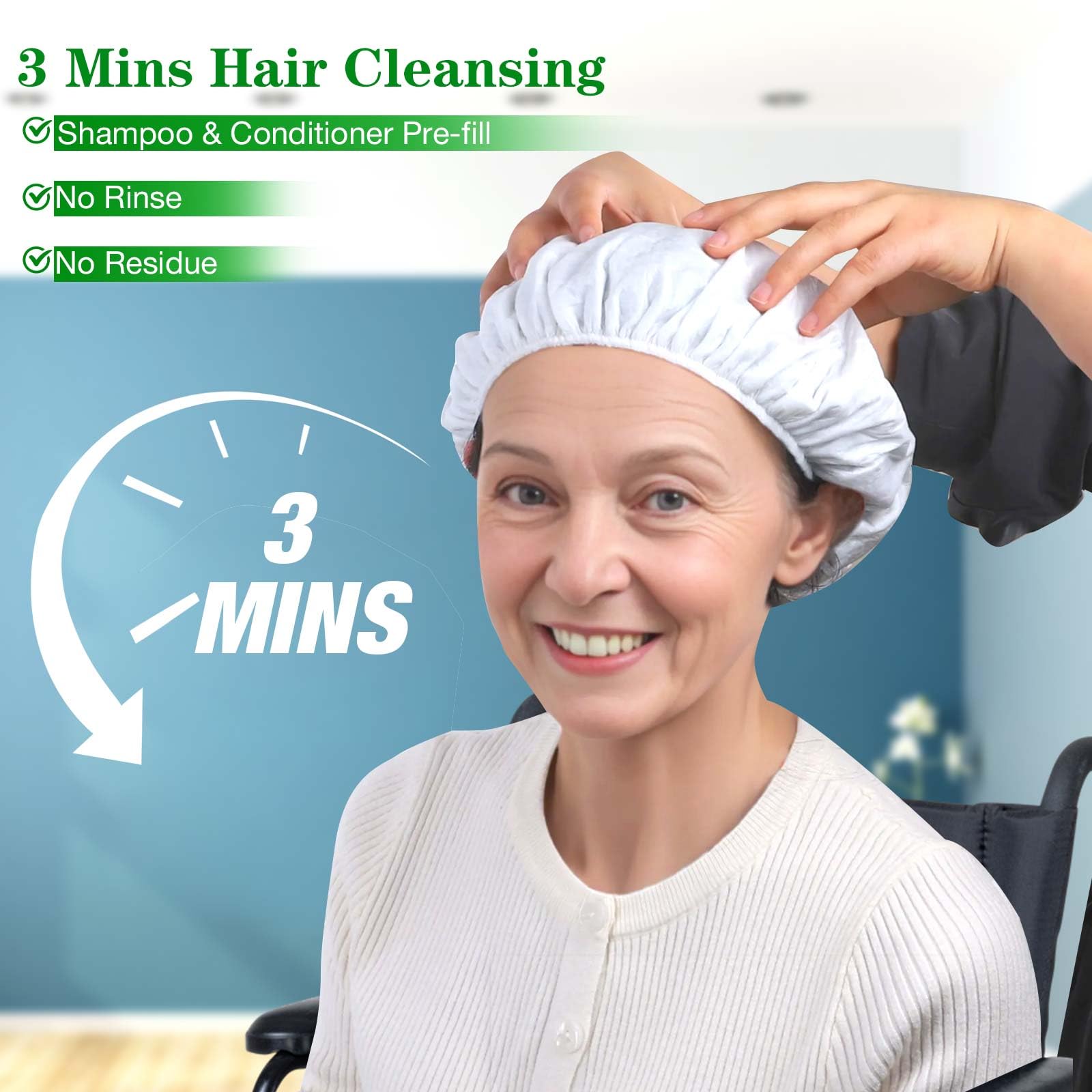 BestLink waterless shampoo cap wets hair for quick cleansing.