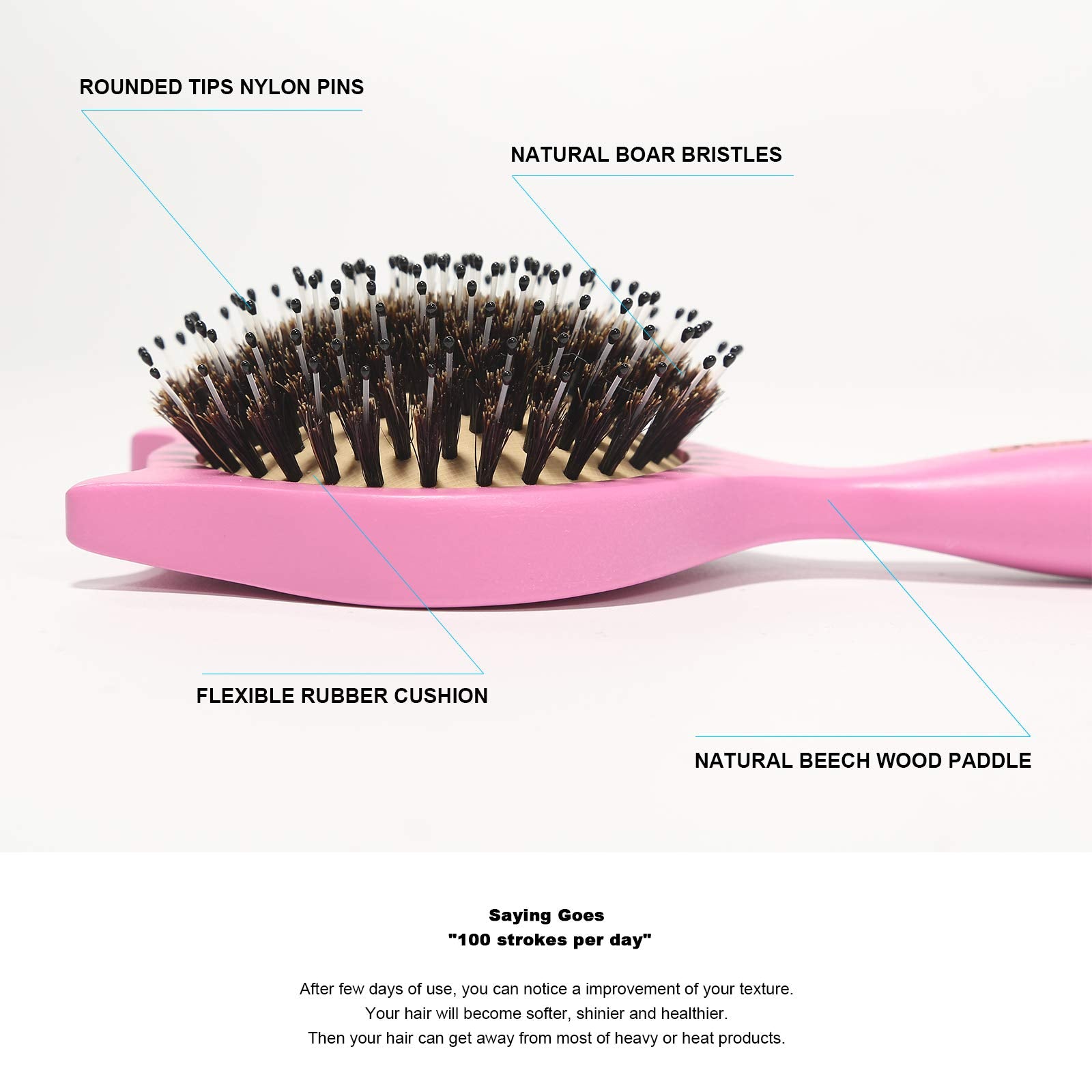 BESTOOL flexible nylon pins brush eases tangles across thin to thick hair types.