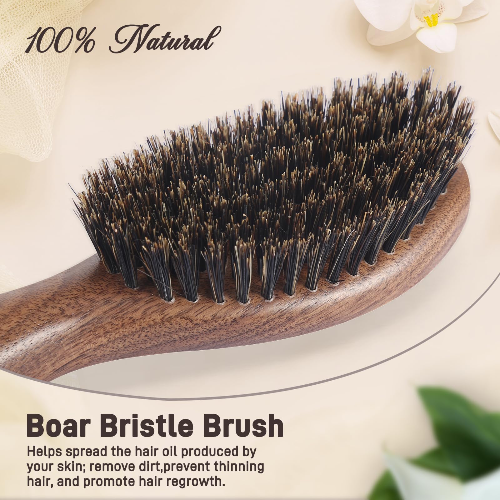 BESTOOL boar bristle brush close-up highlighting natural scalp oil distribution for healthier-looking hair.