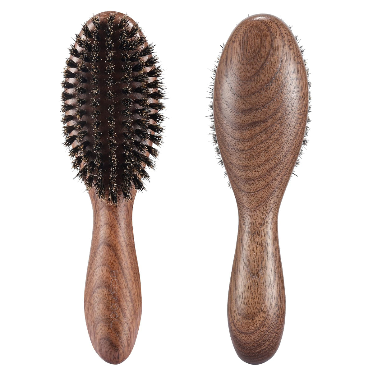 BESTOOL hair brush walnut handle close-up showing eco-friendly design for smooth styling.