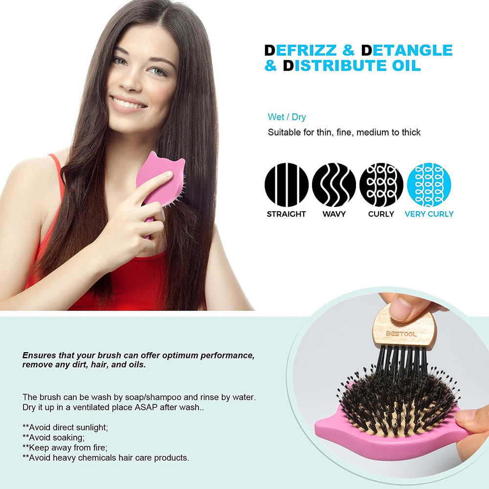 BESTOOL mini-cat hairbrush used on kids' hair with gentle glide and less pull.