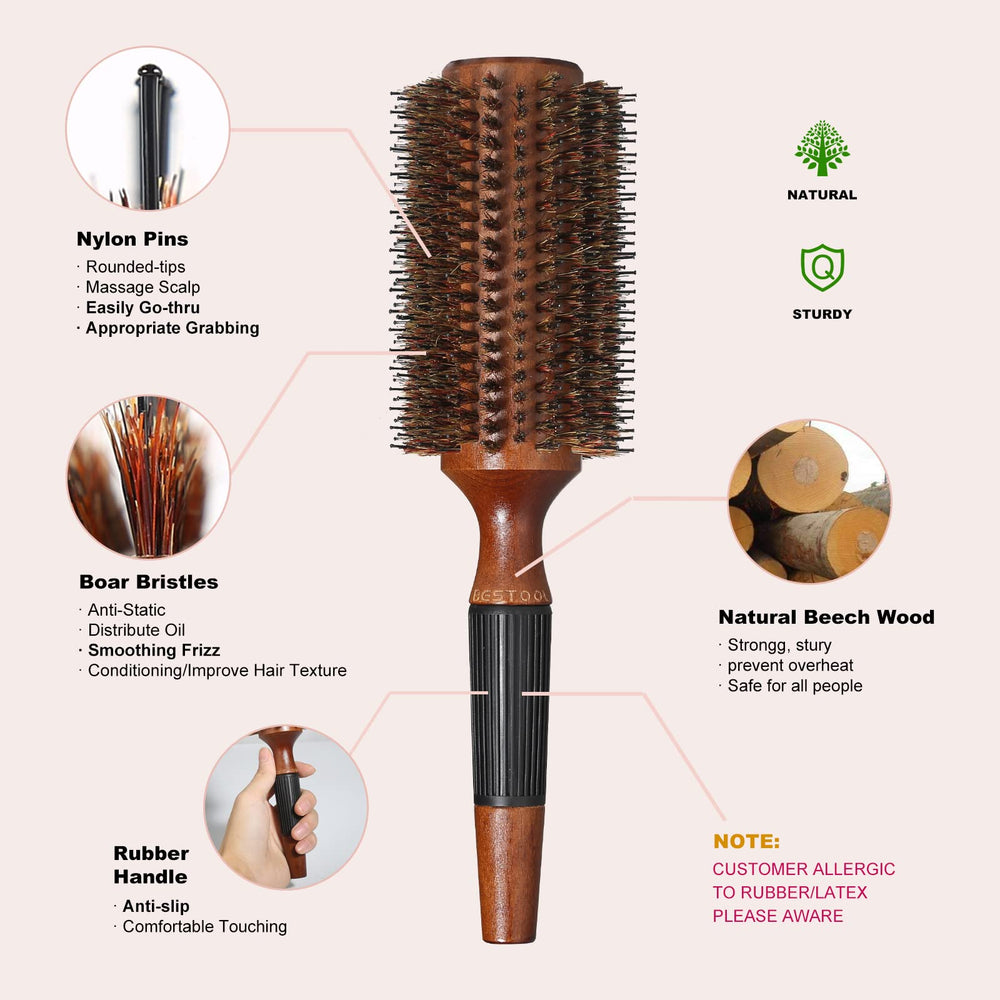 BESTOOL Round Hair Brush nylon pins and boar bristles for detangling.