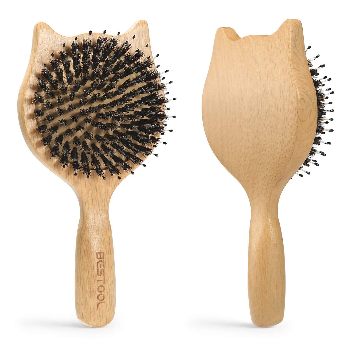BESTOOL travel hair brush with wooden handle for on-the-go detangling and frizz control.