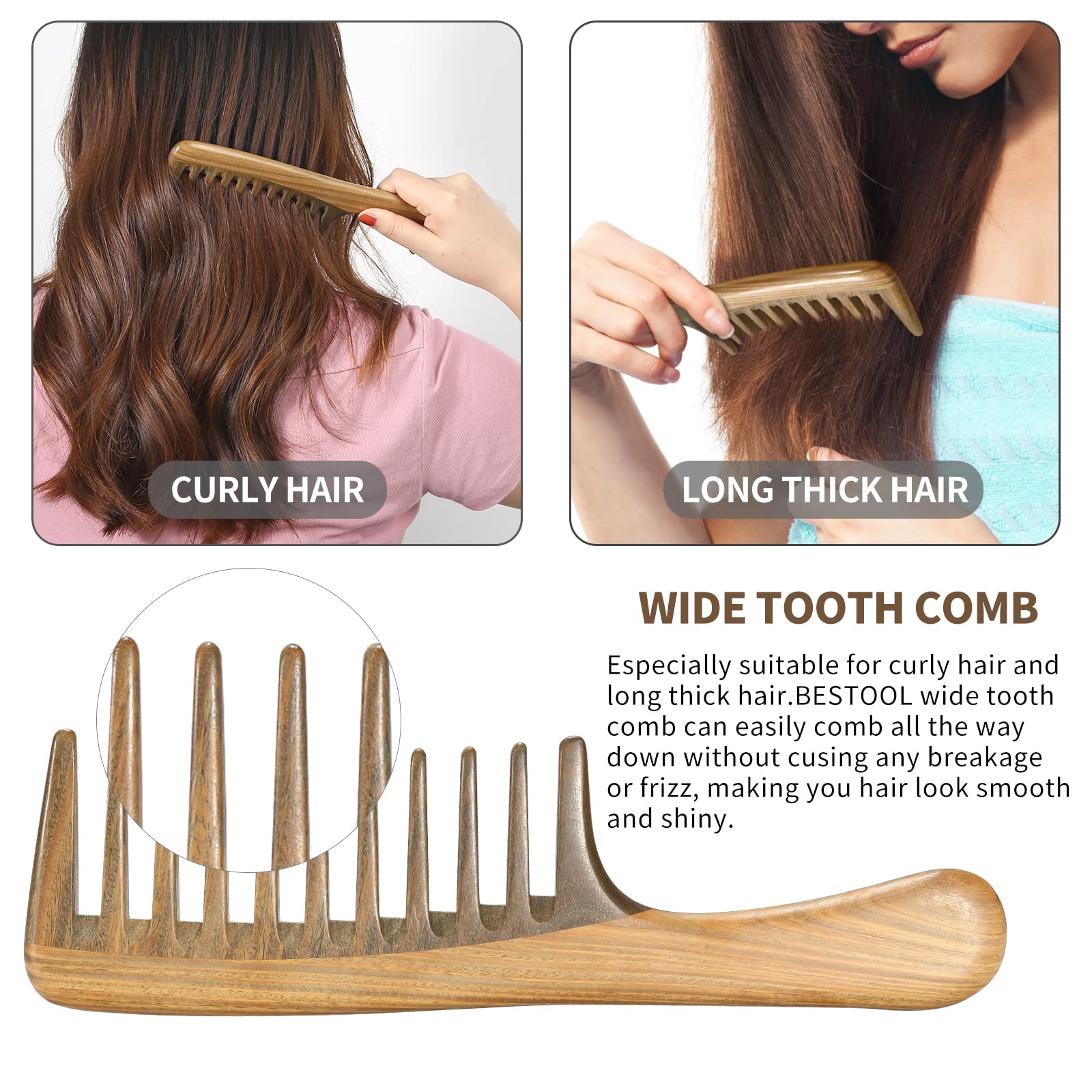 BESTOOL wide tooth comb detangles hair gently, ideal for curls and long lengths.