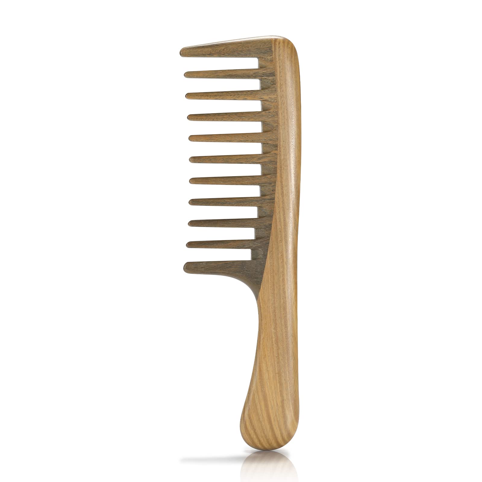 BESTOOL wide-tooth comb sandalwood closeup shows natural grain and anti-static detangling capability.