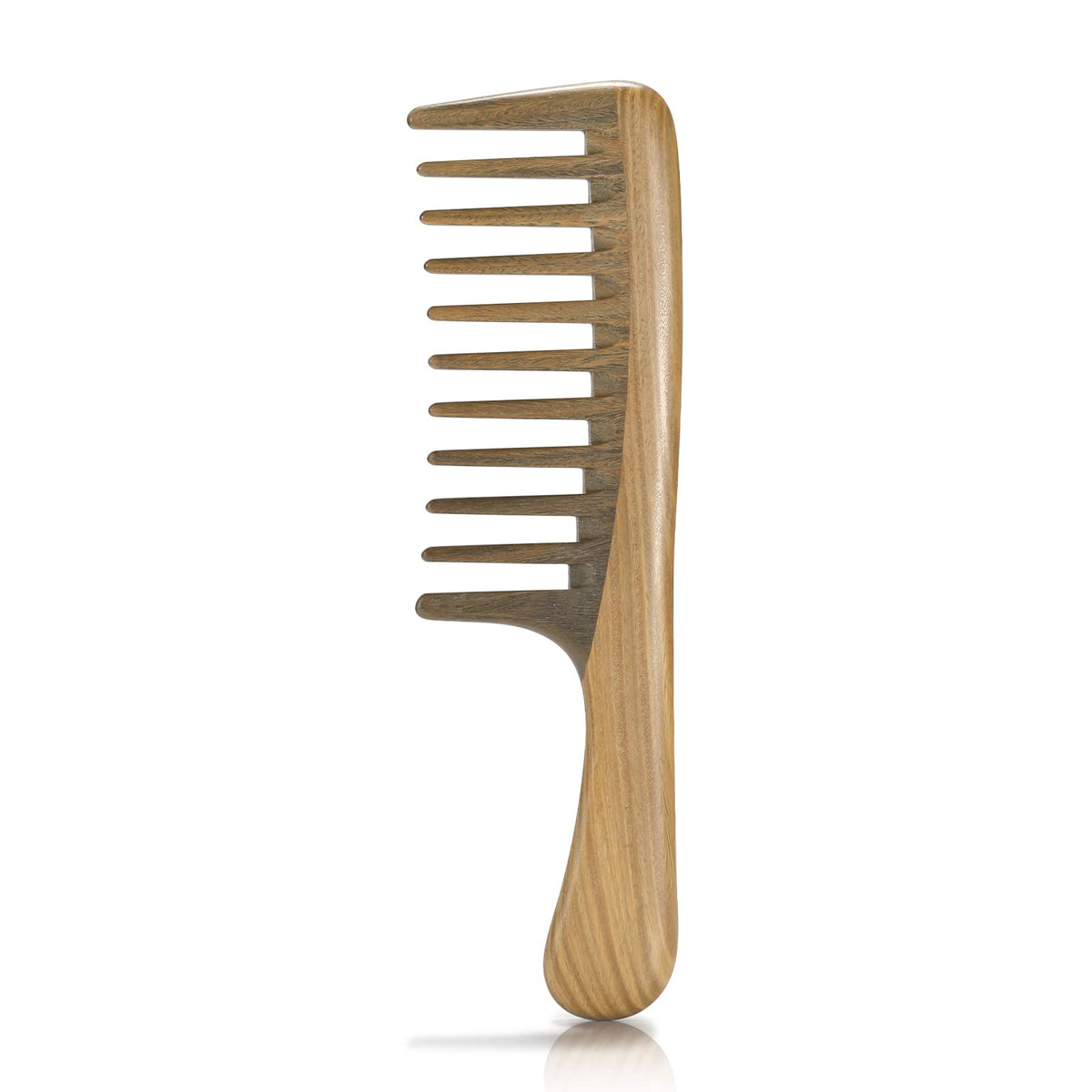 BESTOOL wide-tooth comb sandalwood closeup shows natural grain and anti-static detangling capability.