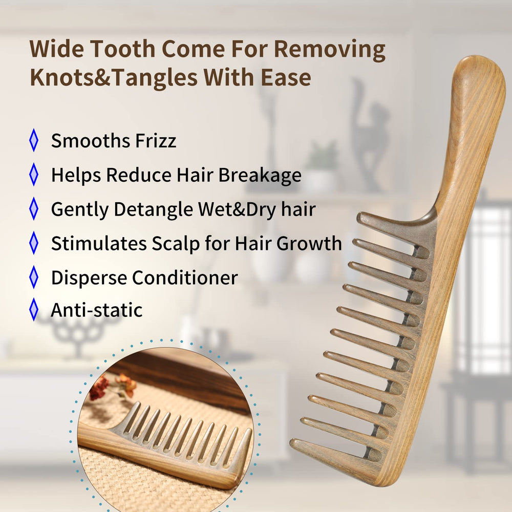 BESTOOL wooden sandalwood comb close-up emphasizes premium scent and conditioning distribution.