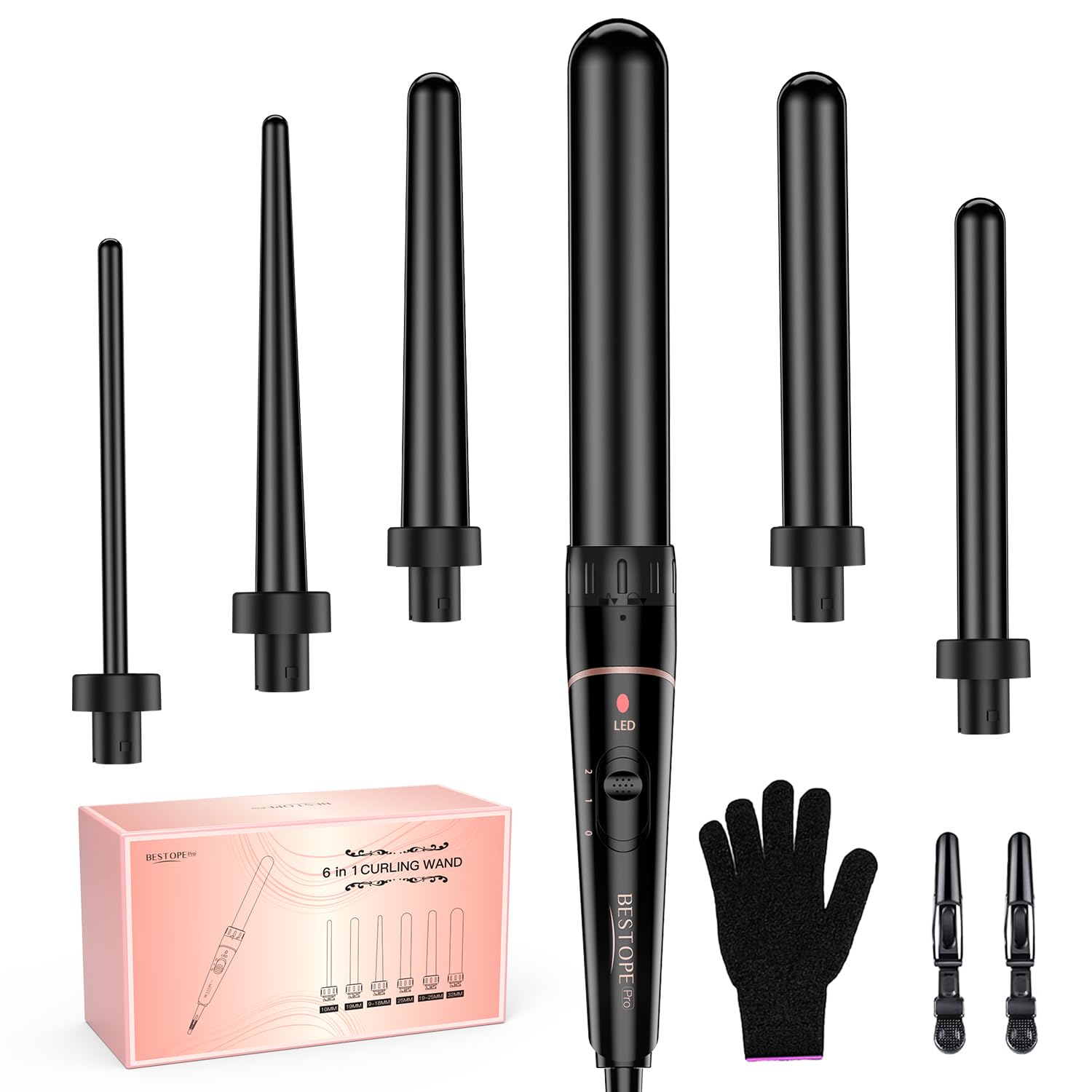BESTOPE PRO 6-in-1 curling wand set with long barrel for dramatic back-of-head waves