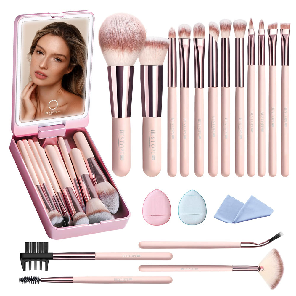 BESTOPE PRO makeup brush set case with LED mirror for organized on-the-go makeup.