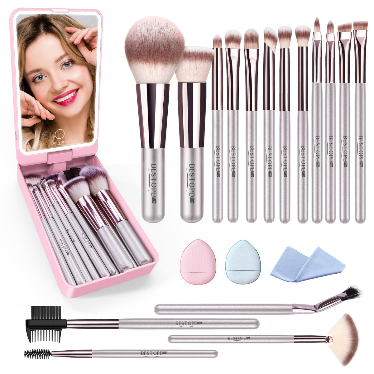BESTOPE PRO makeup brushes with case and LED mirror for precise on-the-go application