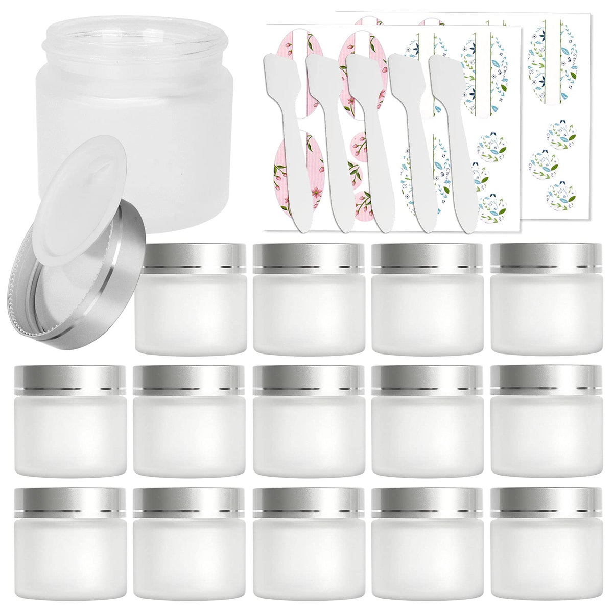 Betrome 15-pack 2oz frosted glass jars with silver lids for secure storage.