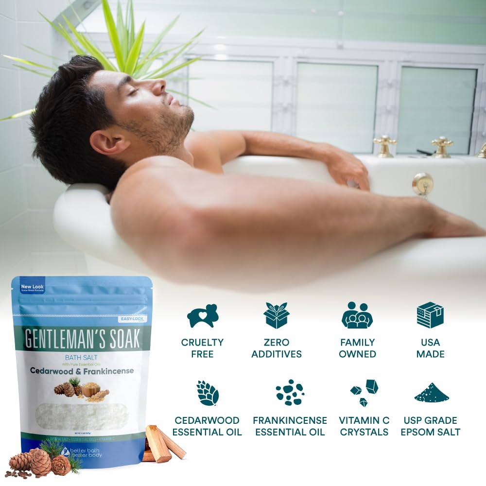 Better Bath Better Body Gentleman's Bath Salt blends cedarwood and peppermint for a woodsy, refreshing aroma.