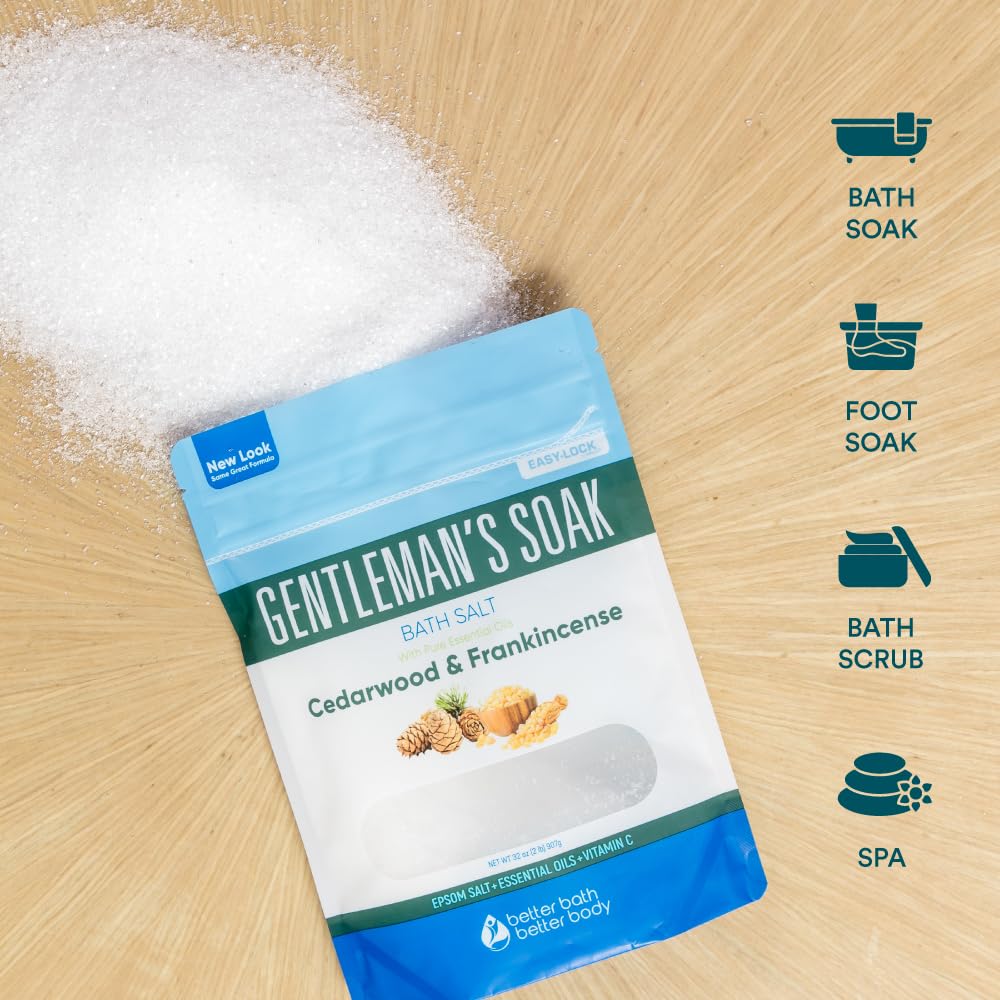 Better Bath Better Body Gentleman's Bath Salt features eucalyptus and frankincense for uplifting spa vibes.