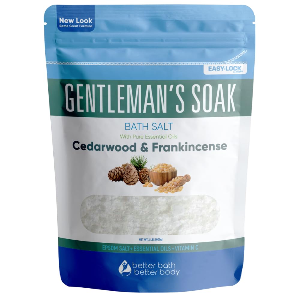 Better Bath Better Body Gentleman's Bath Salt packaging in a BPA-free pouch for easy storage.