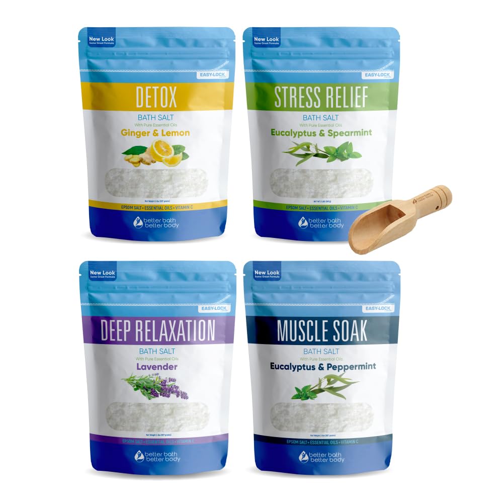Better Bath Better Body bath salts sampler box front, relaxing four blends.