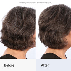 Hands applying Better Not Younger thickening spray at roots for lift.