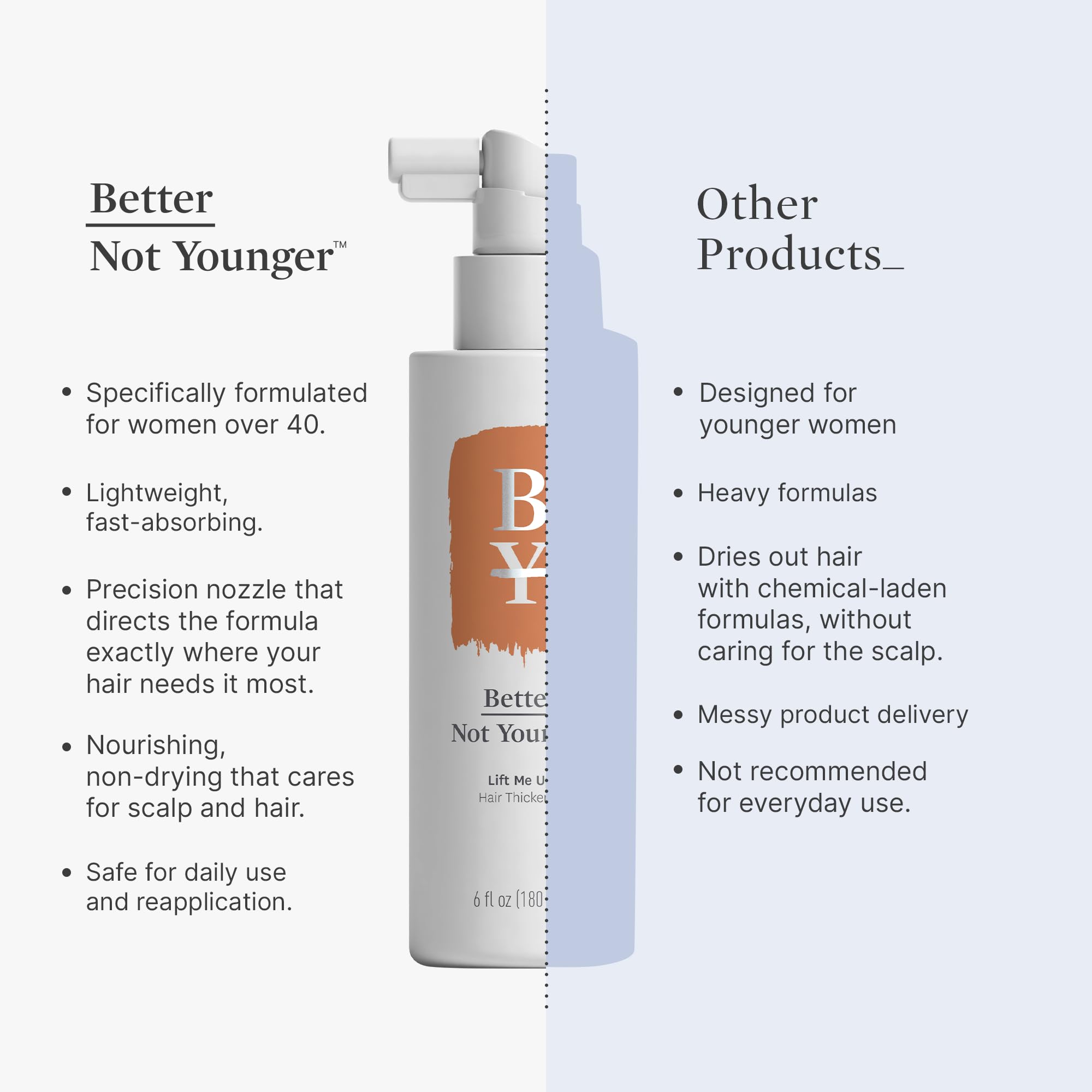 Better Not Younger Hair Volume texture shot emphasizing lightweight, non-sticky finish