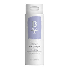 Better Not Younger Silver Lining Purple Shampoo bottle ready for brassiness neutralization.