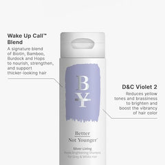 Better Not Younger Silver Lining Purple Shampoo lather forms on wet hair for cleansing.