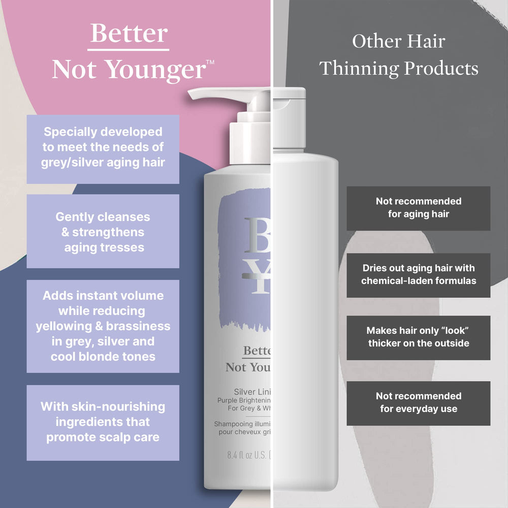 Better Not Younger Silver Lining Purple Shampoo with conditioner for a nourished routine.