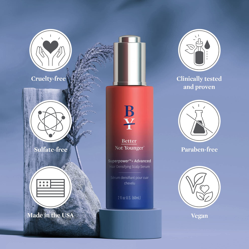 Better Not Younger Superpower+ Serum rosemary oil depiction highlights growth-supportive scent and stimulation