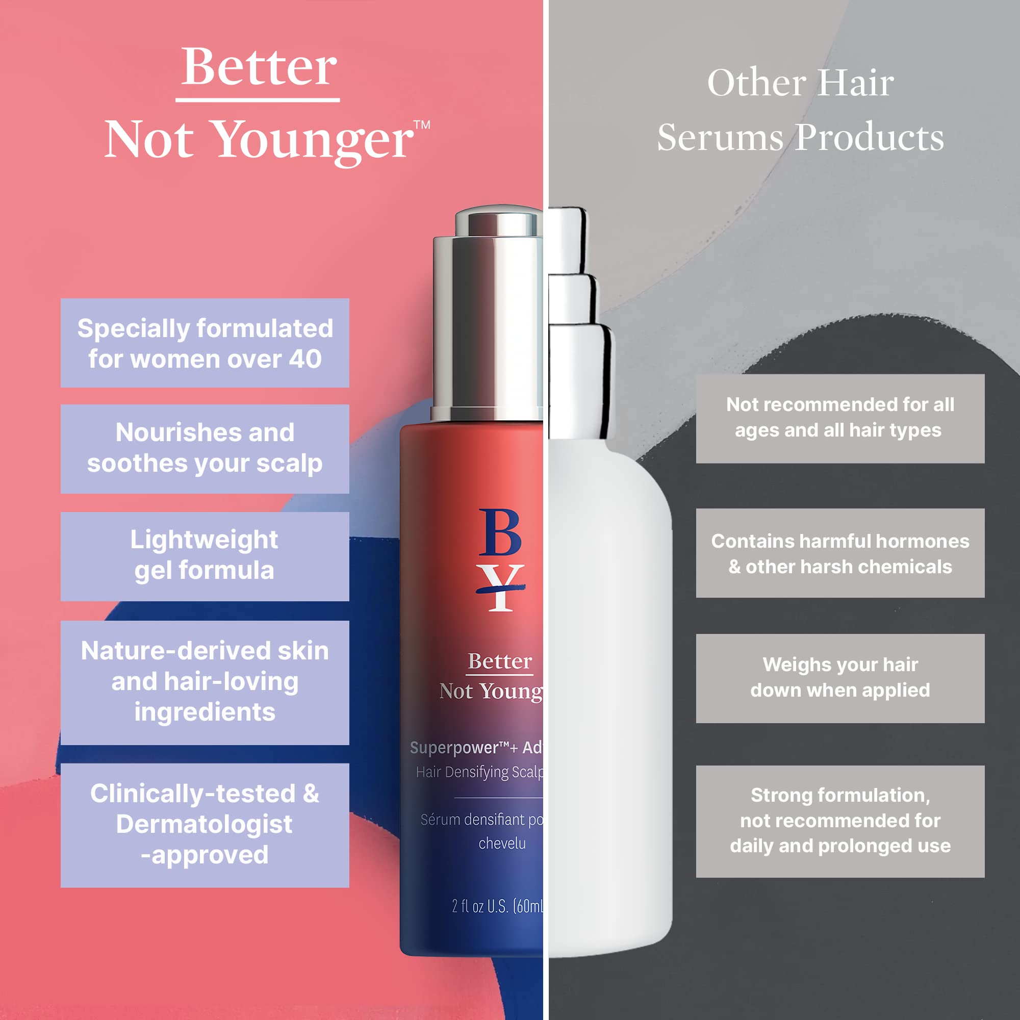 Better Not Younger Superpower+ Serum thick-looking hair close-up implies fuller appearance