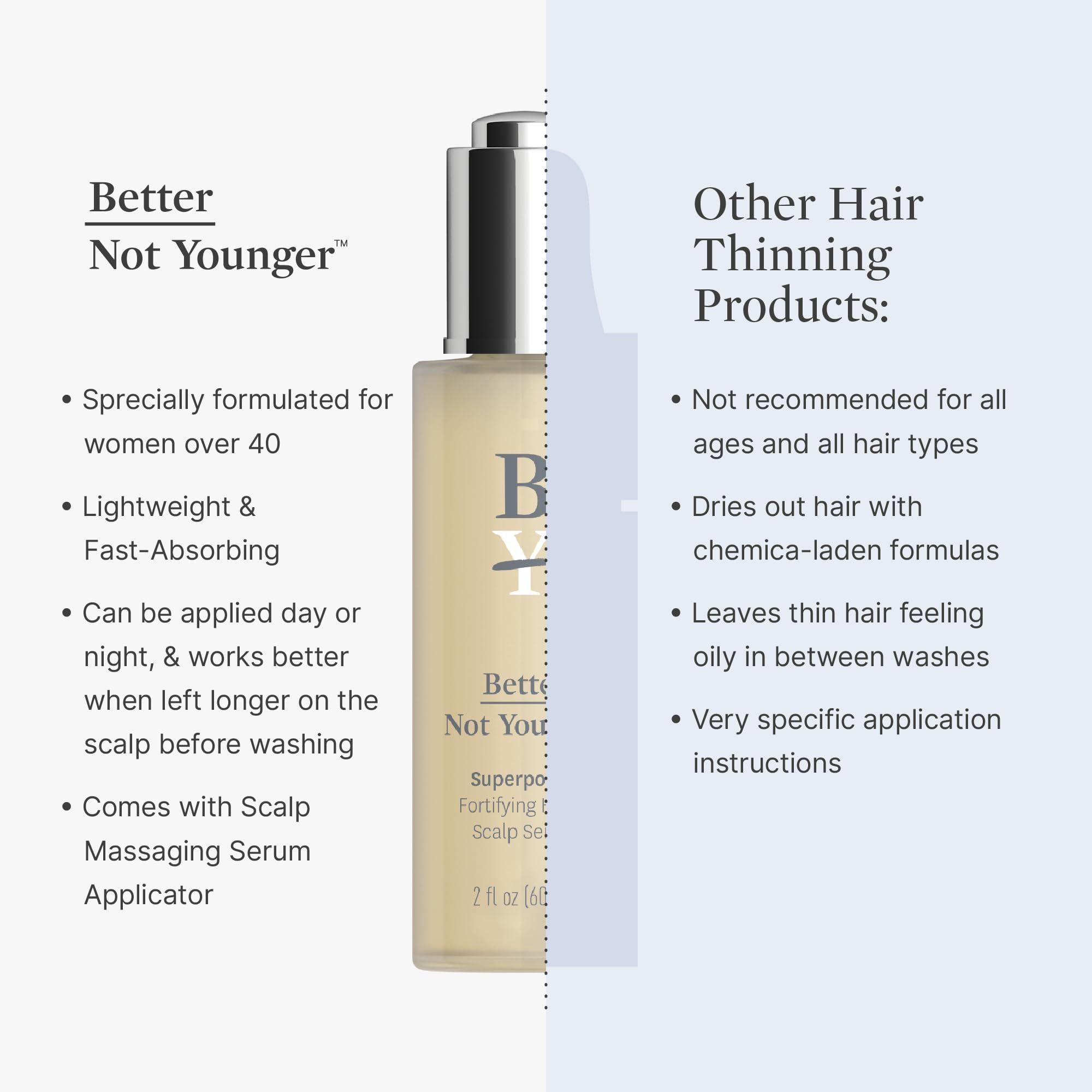 Better Not Younger helps hair look thicker and fuller with regular scalp treatment.