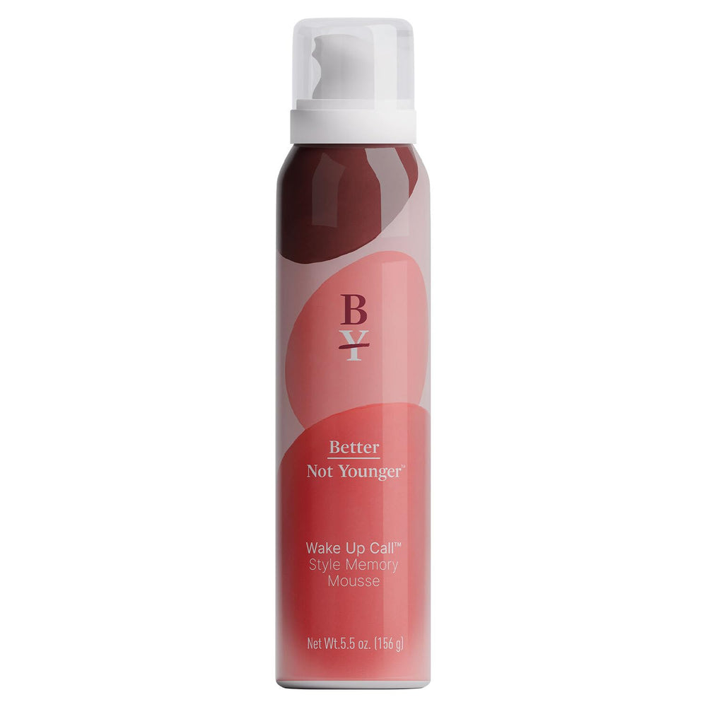 Better Not Younger volumizing mousse bottle front for lasting lift and shine.