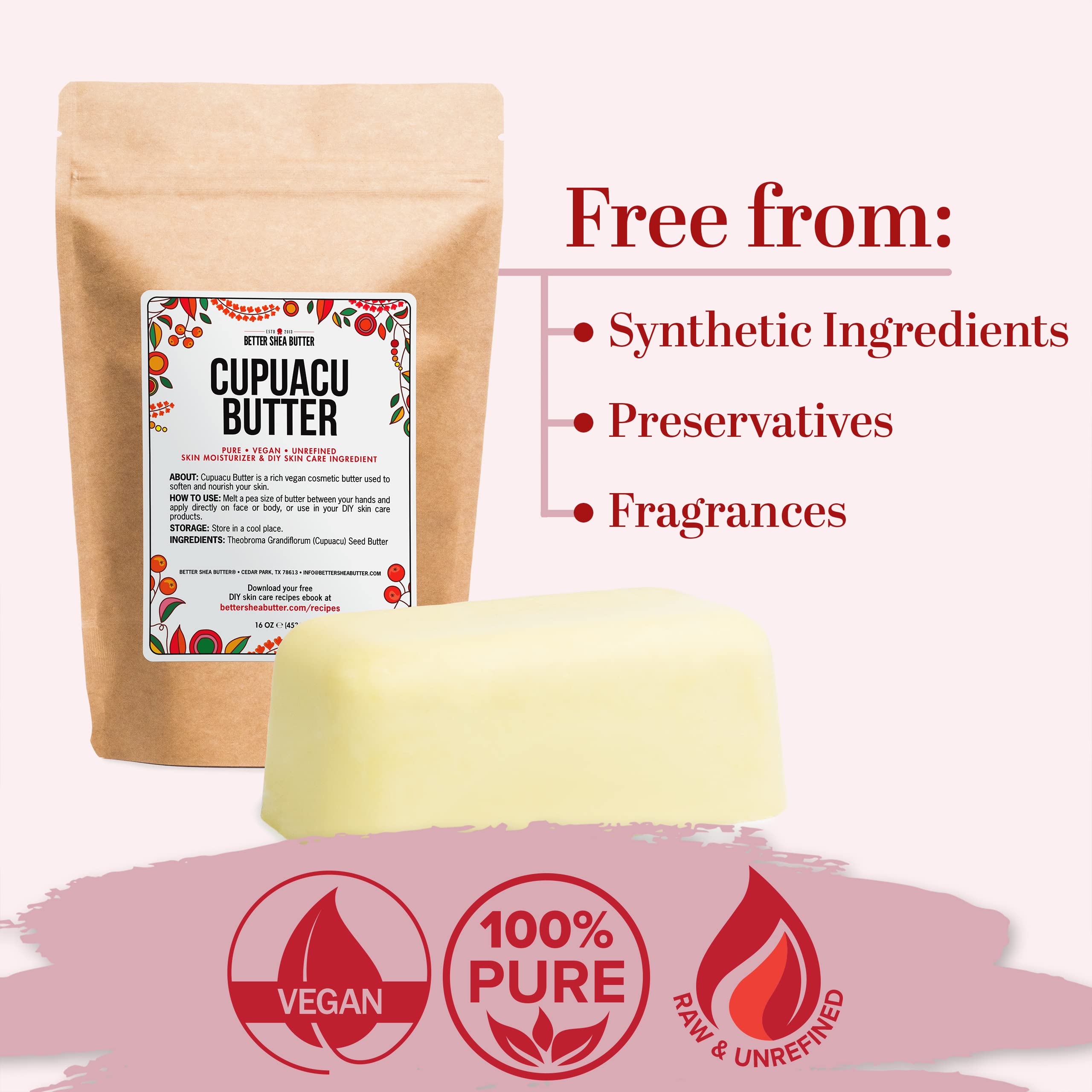 Better Shea Butter Cupuacu Butter provides deep hydration for body and face.