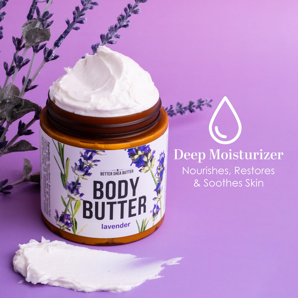 Better Shea Butter Lavender Body Butter gift-ready packaging suggests lavender gift idea.