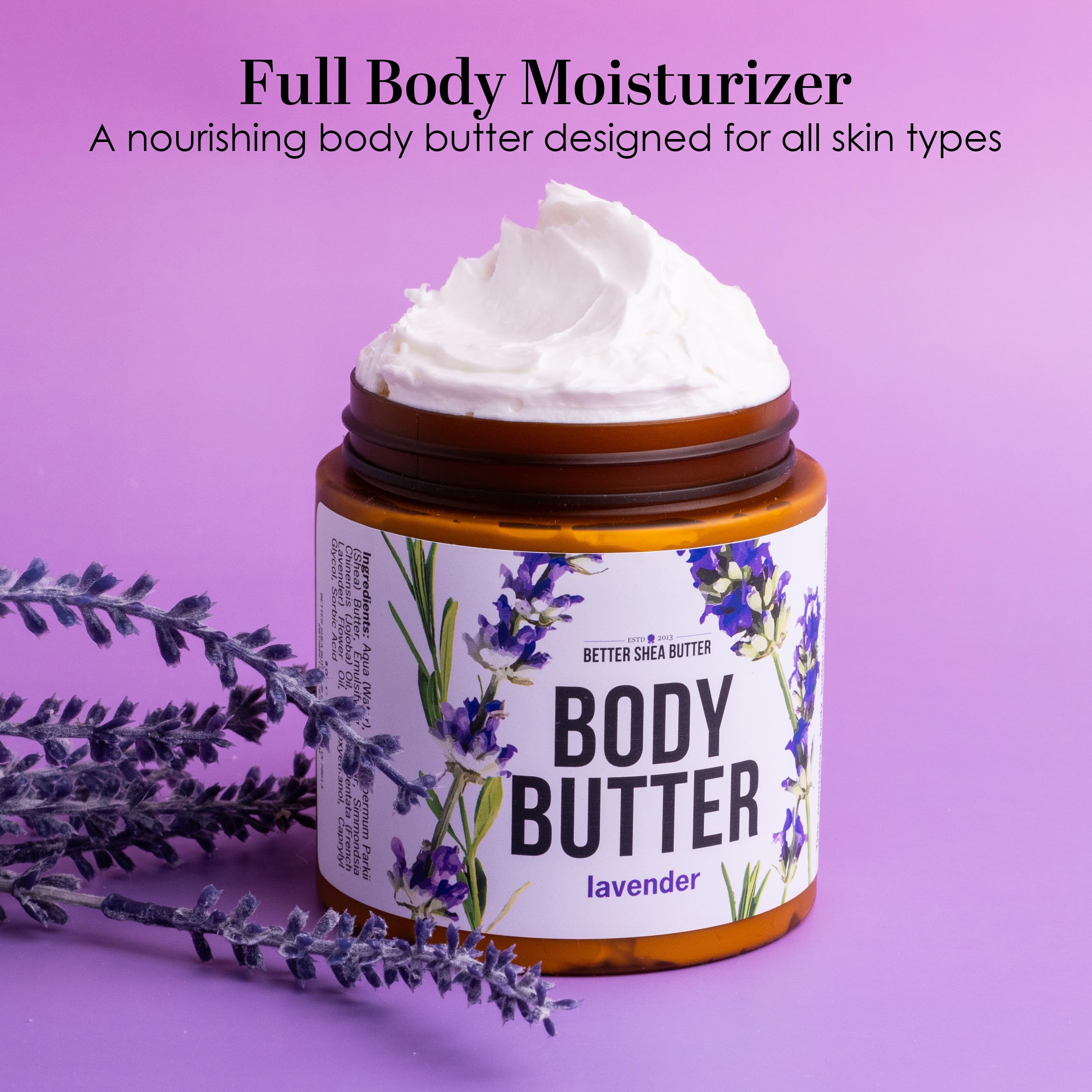 Better Shea Butter Lavender Body Butter ingredients label notes vegan, clean formula.