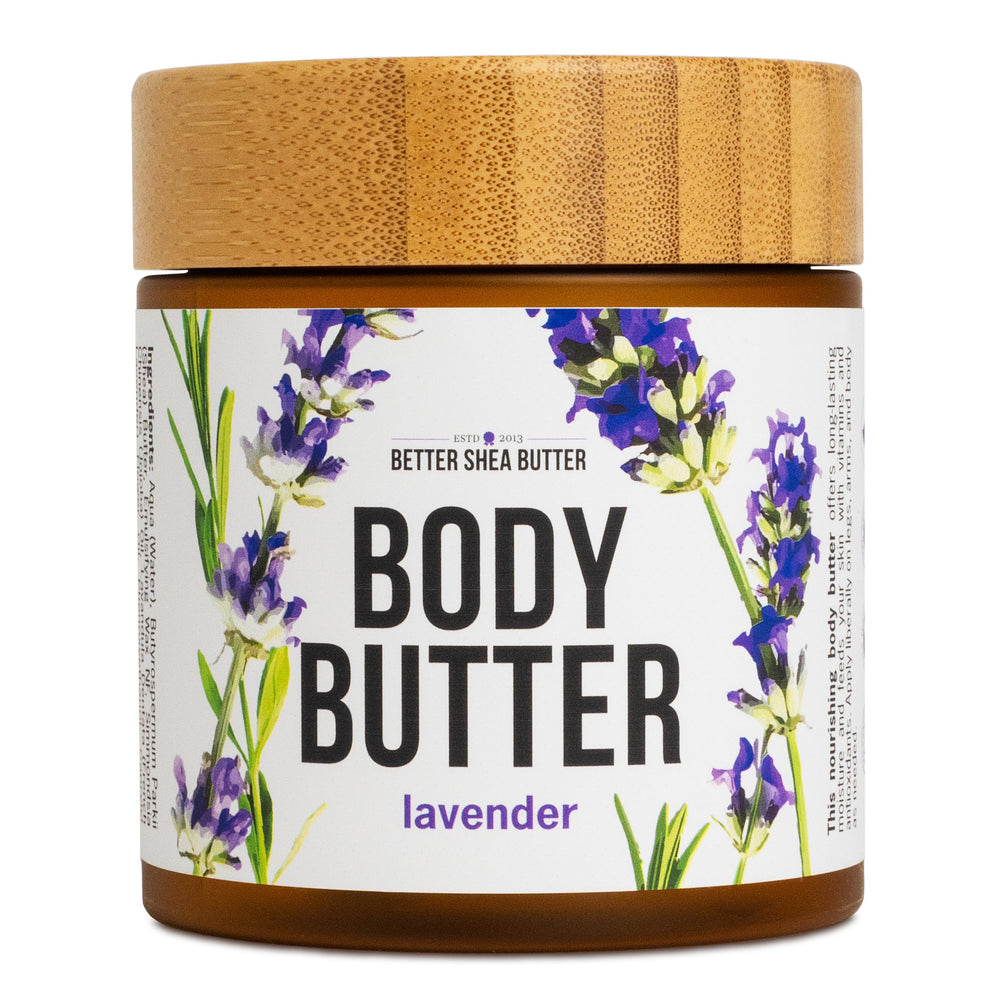 Better Shea Butter Lavender Body Butter jar showing whipped texture for hydration.