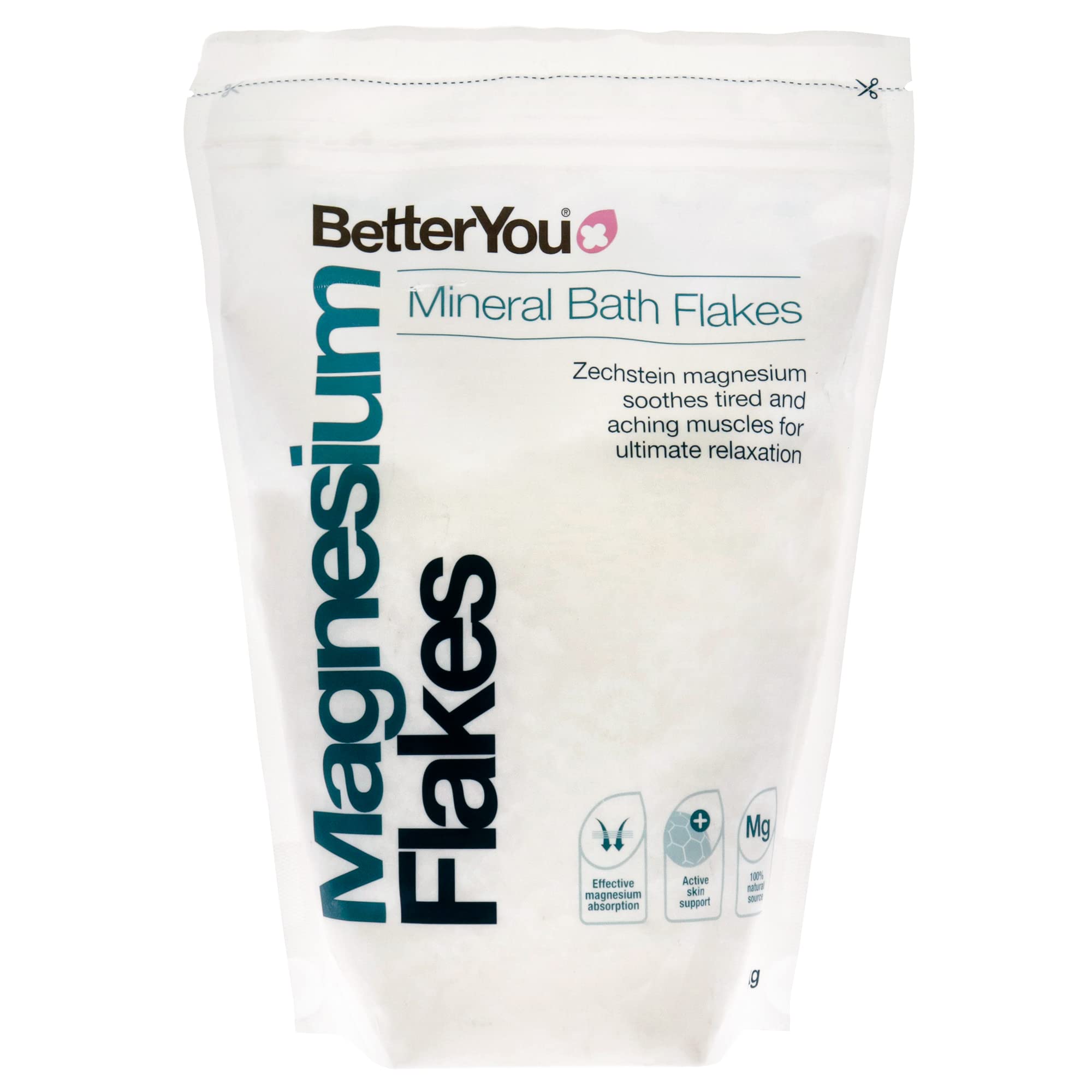 BetterYou Magnesium Mineral Bath Flakes packshot highlighting packaging and brand benefits.