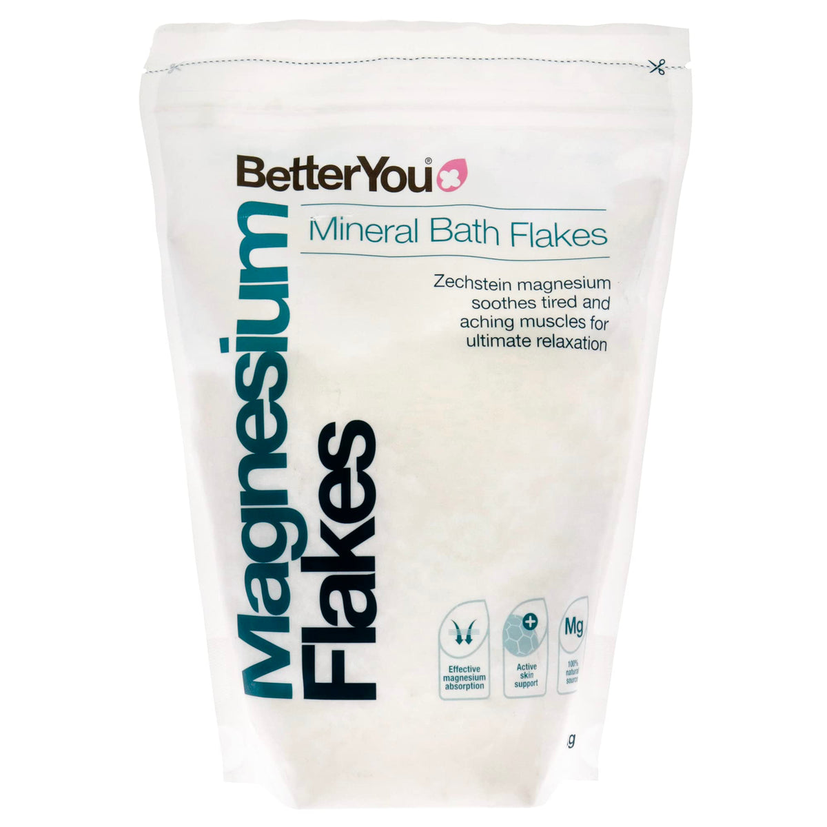 BetterYou Magnesium Mineral Bath Flakes packshot highlighting packaging and brand benefits.