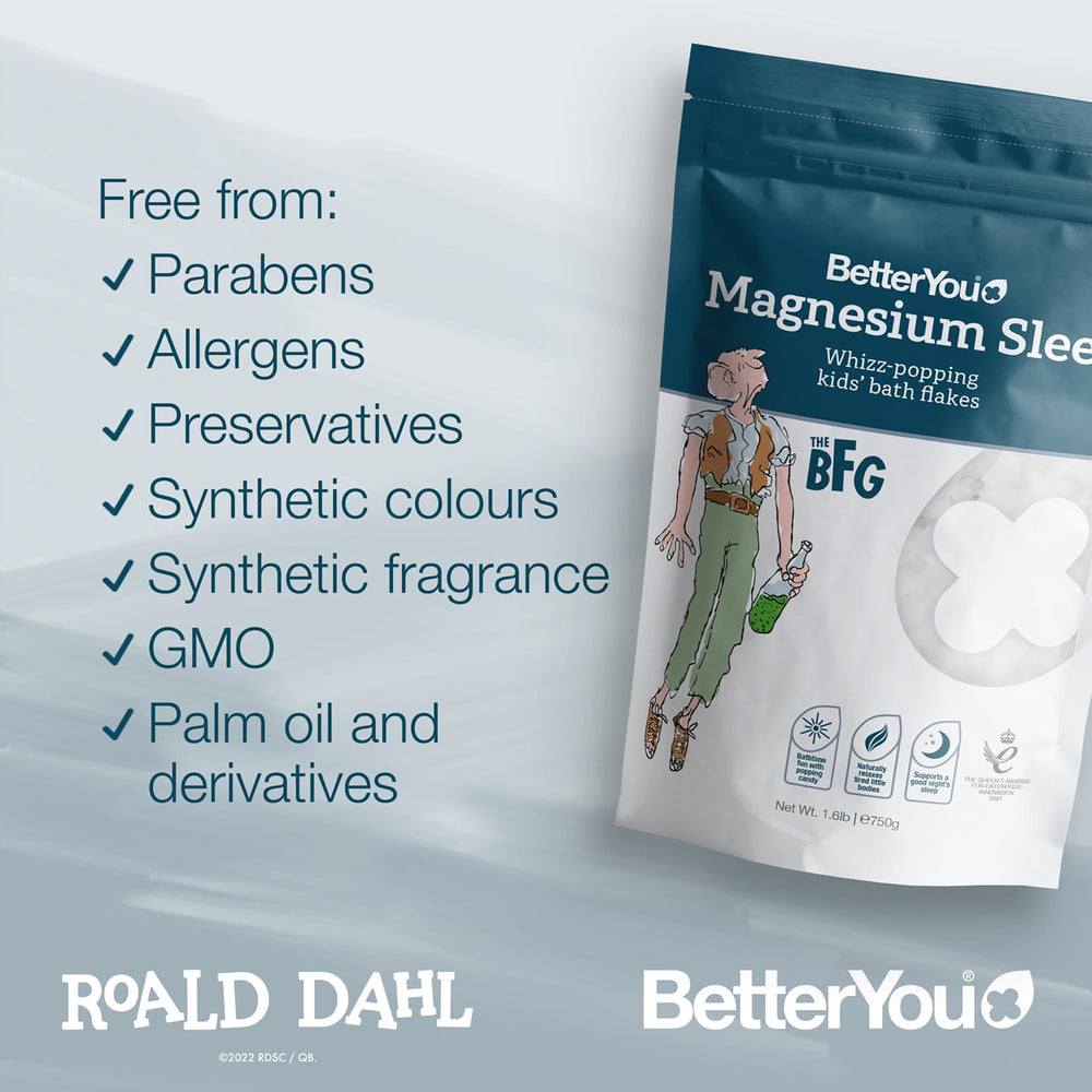 BetterYou Magnesium Sleep Kids Bath Flakes close-up reveals texture and minerals.
