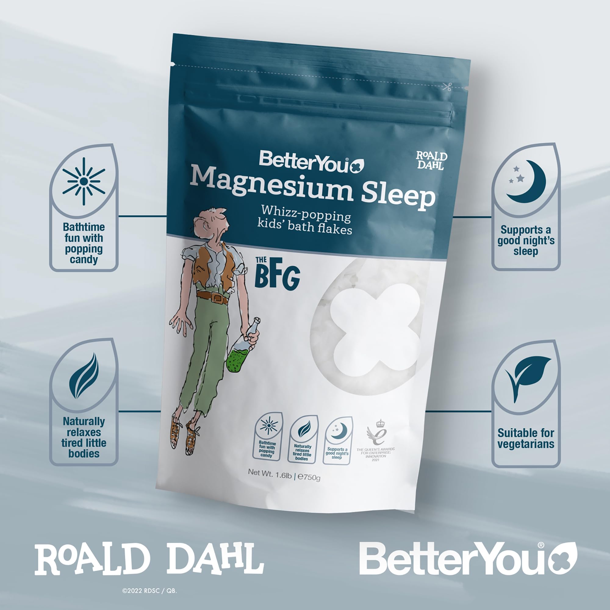 BetterYou Magnesium Sleep Kids Bath Flakes lavender imagery evokes soothing pre-sleep aroma.