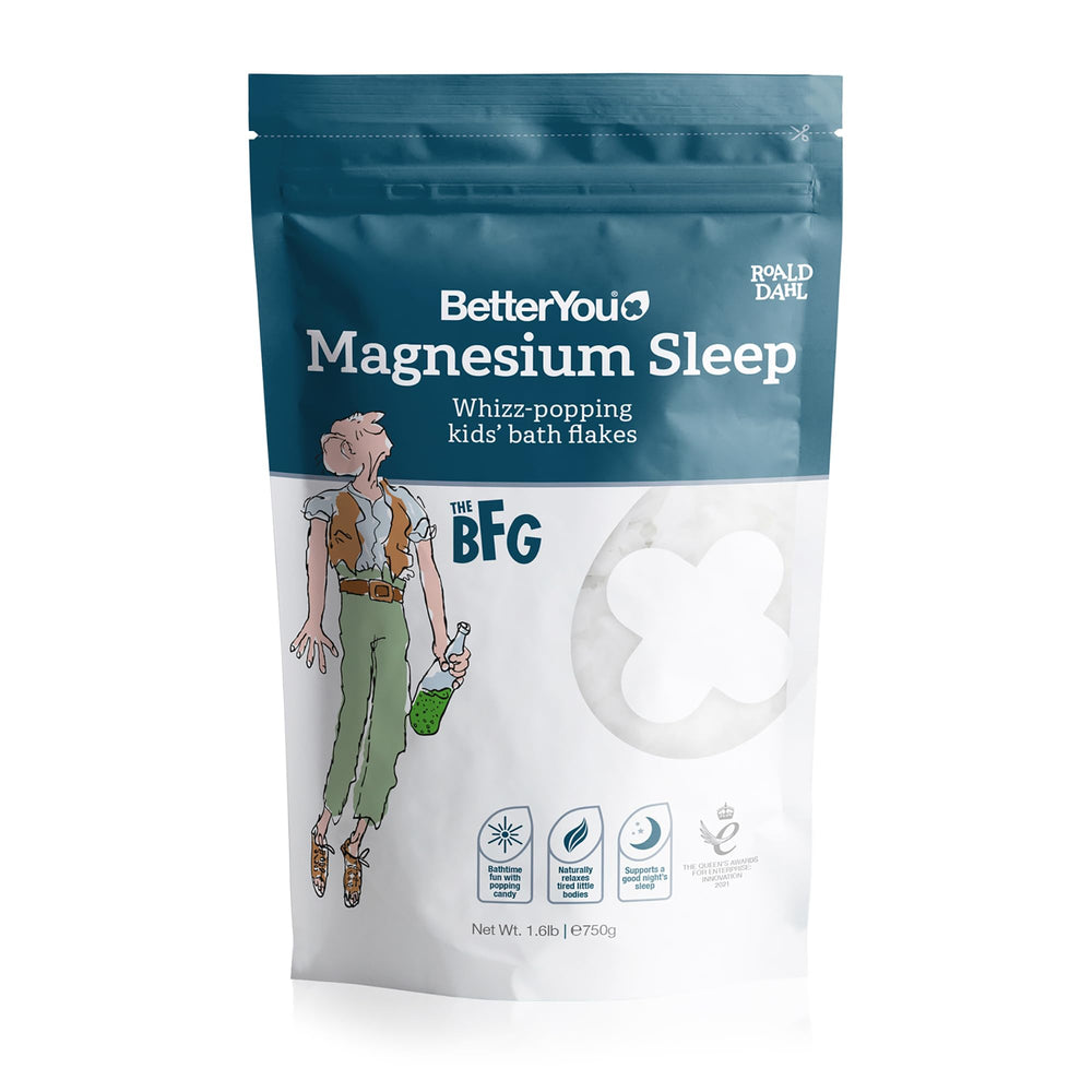 BetterYou Magnesium Sleep Kids Bath Flakes packaging shows eco-friendly design for planet-conscious baths.