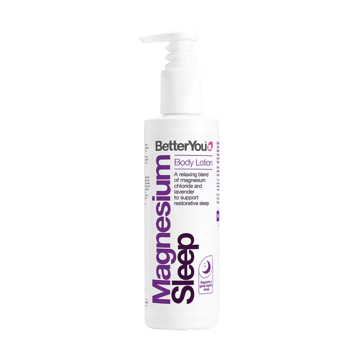 BetterYou magnesium sleep lotion bottle shows calming lavender for nighttime relaxation.