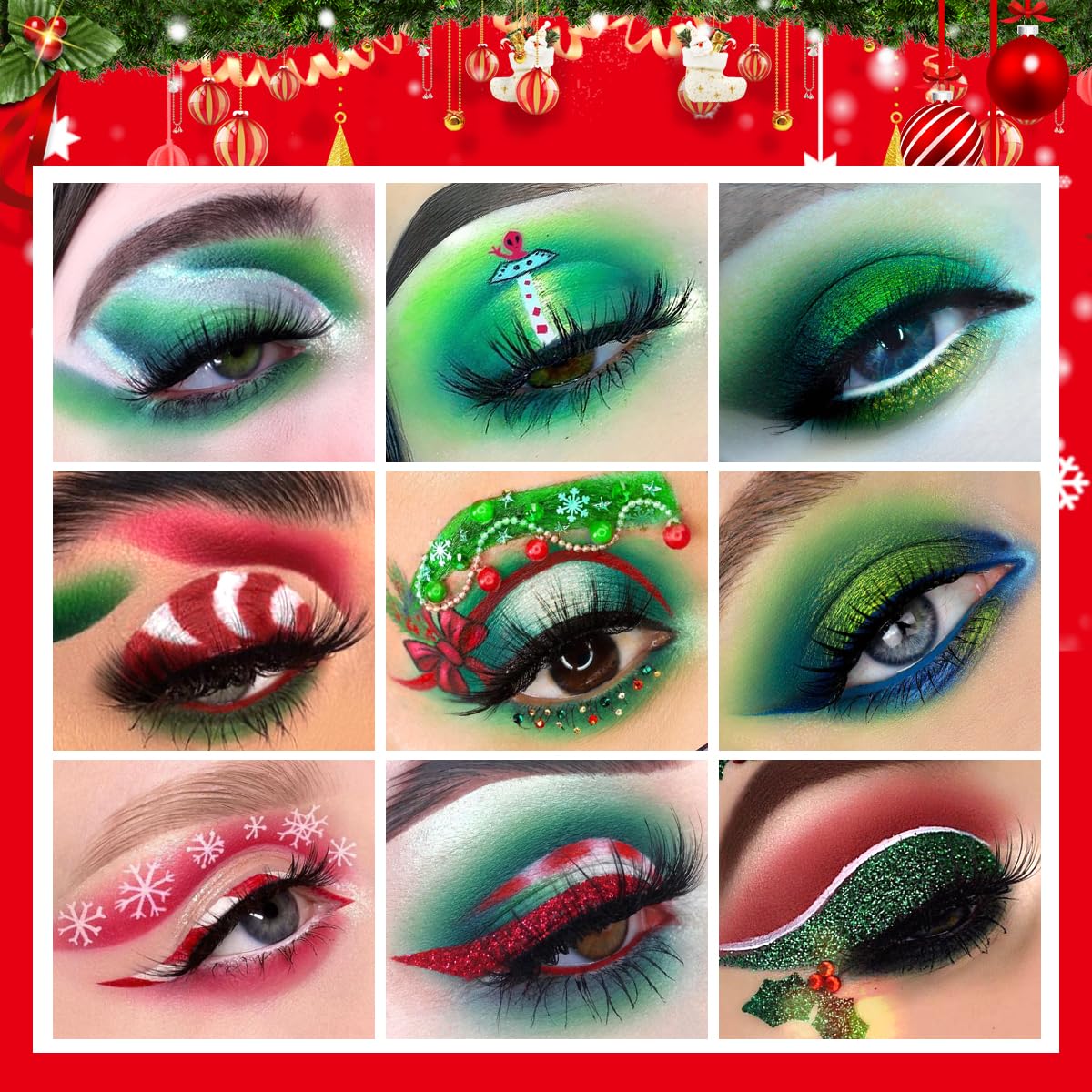 BEUSELF Green Red Eyeshadow Palette open view showing compact layout for quick holiday looks