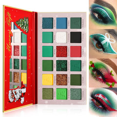 BEUSELF Green Red Eyeshadow Palette swatches show rich matte and glitter pigments for holidays
