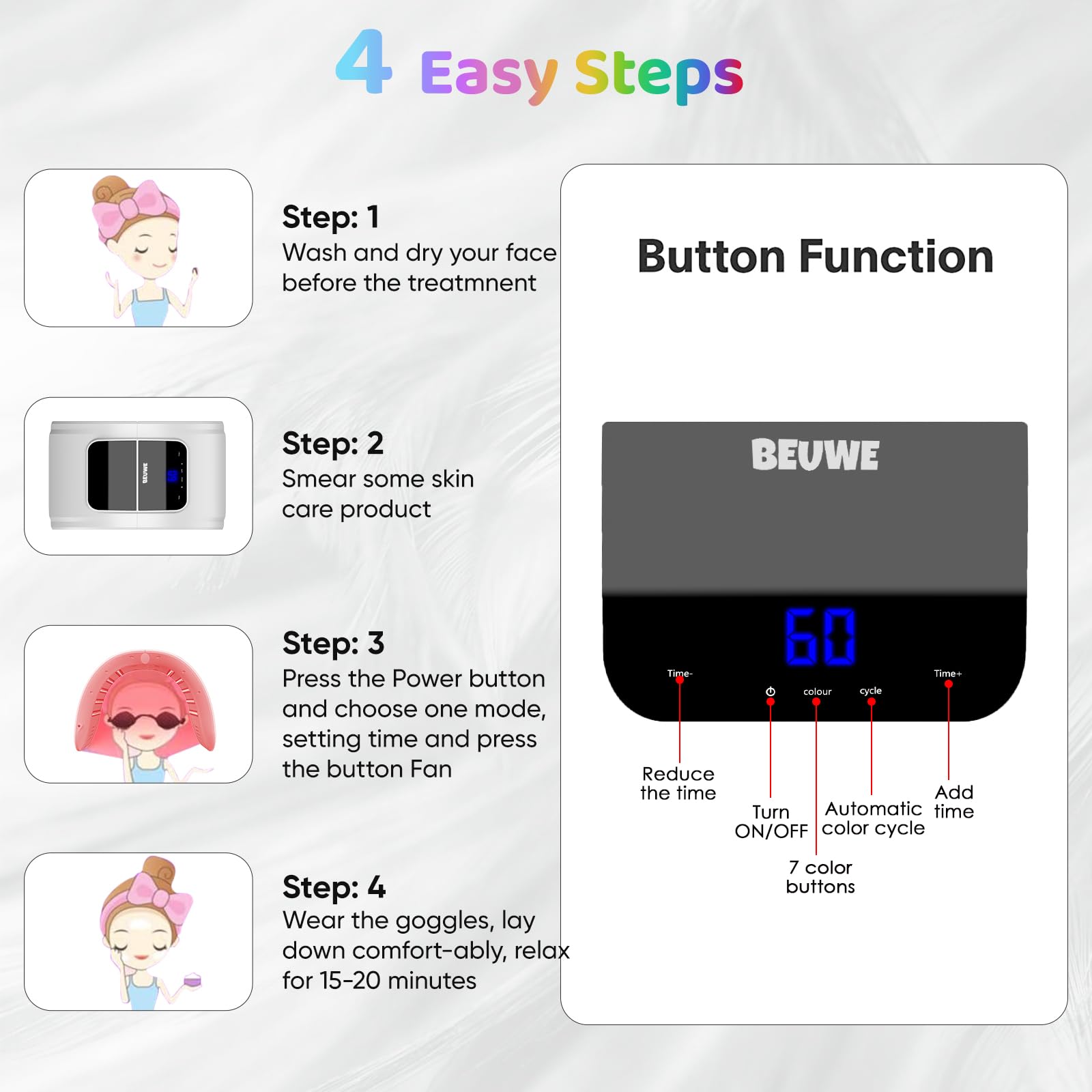 Beuwe easy-setup LED mask for quick home routines.