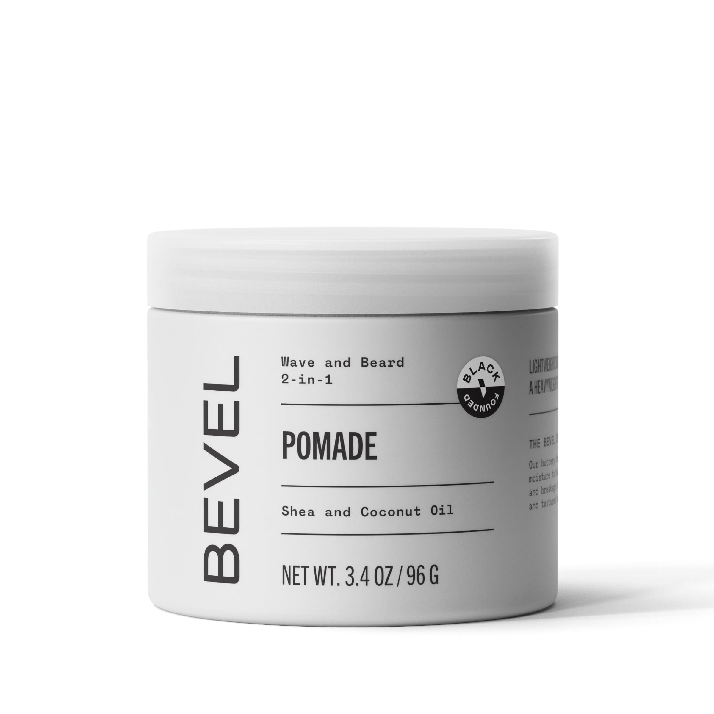 Bevel beard balm and hair pomade jar shows moisture lock and frizz reduction.
