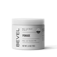Bevel beard balm and hair pomade jar shows moisture lock and frizz reduction.