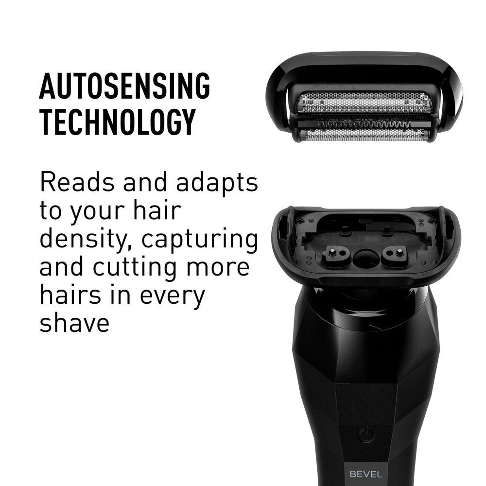 Bevel autosensing technology adapts to hair density for efficient shaving.