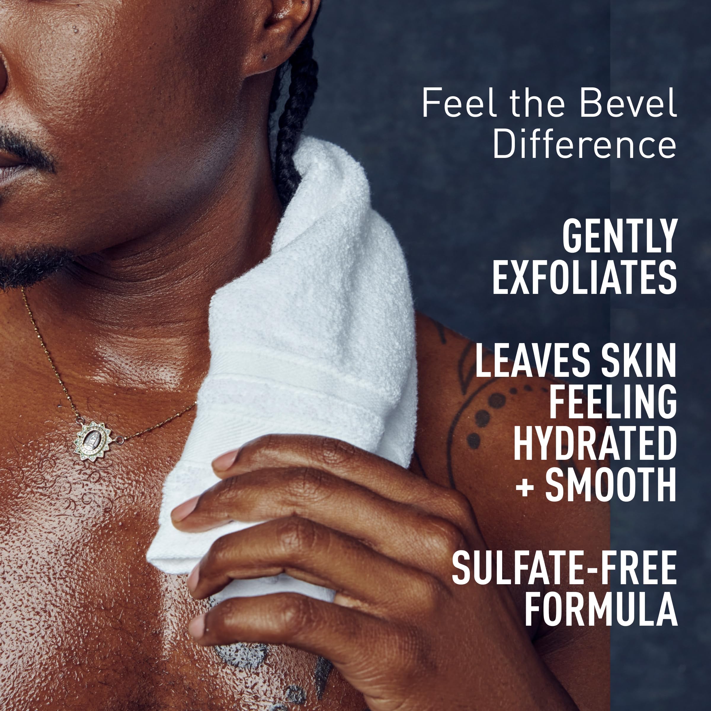 Bevel bathroom scene with bottle and loofah illustrating routine