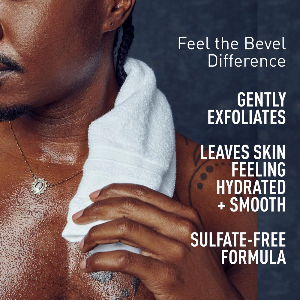 Bevel bathroom scene with bottle and loofah illustrating routine